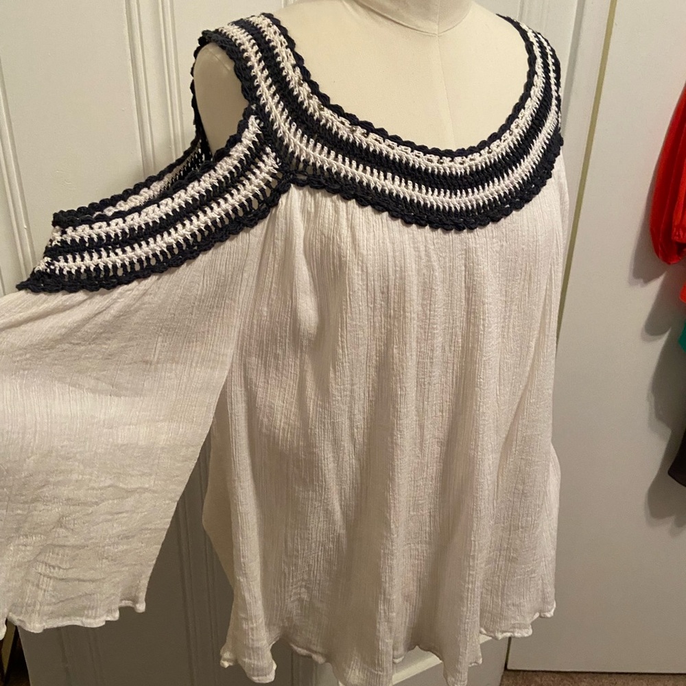 Calypso St. Barth Cream Asymmetrical 3/4 Sleeve Blouse